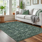 Vintage 4x6 Living Room Washable Rug, Dark Green Non-Slip Soft Bedroom Area Rug Thin Printed Faux Wool Floor Super Soft Carpet Throw Rugs for Nursery Playroom Dining Room Indoor Office