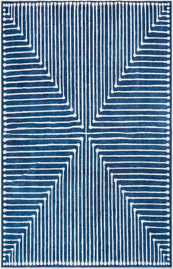 GLN Rugs Contemporary Collection - Machine Washable Area Rug, Contemporary Washable, Non Slip, Low Pile Chenille Rug, Living Room, Bedroom, Kitchen Rug (6' x 9' Lines Blue)