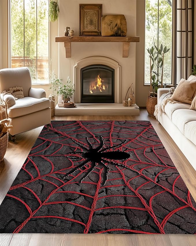 Red Spider Cool Washable Living Room Area Rug, Low Profile Abstract Pattern, Non-Slip Backing Carpet for Kitchen, Bedroom, Dining Room