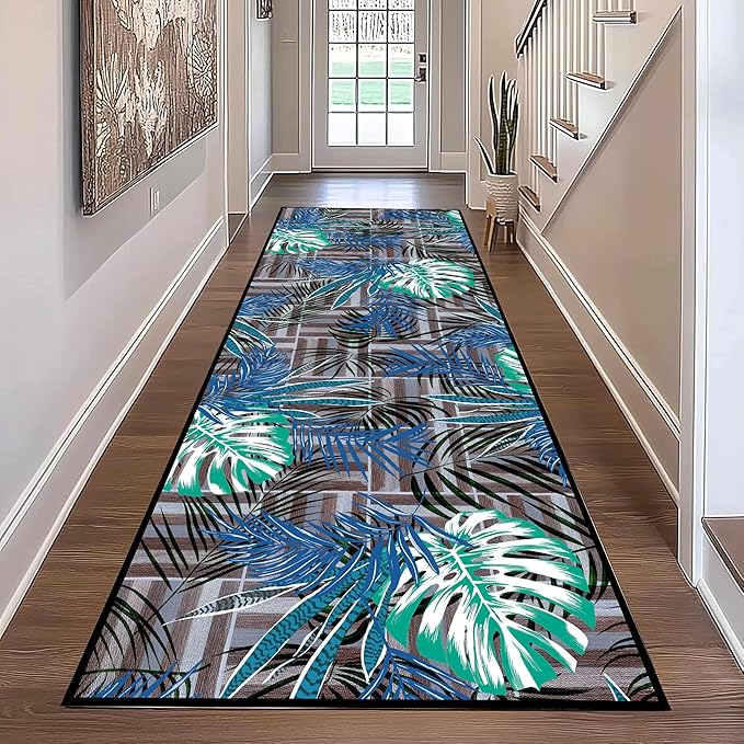 3.3x7 ft Runner Rug Tropical Blue - Non-Slip Low-Pile & Washable for Hallway, Living Room, Bedroom - Botanical Leaf Print Plush Soft - No Linting Easy Clean Indoor Carpet