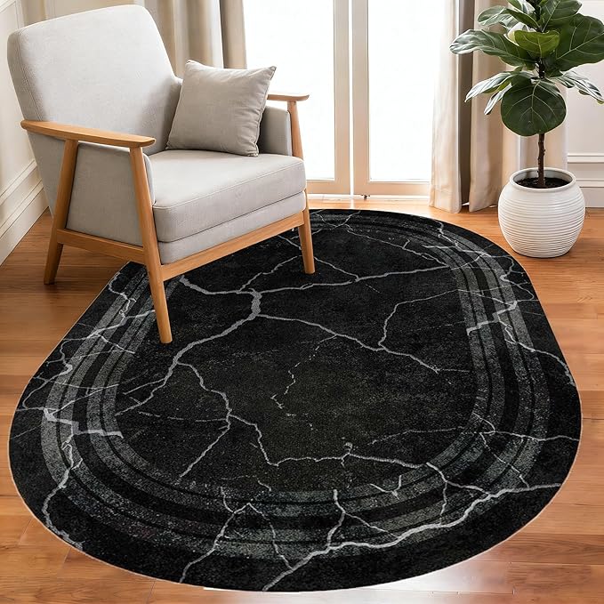 Black Grey Striped Texture Bordered Rugs 10x14 Modern Minimalist Indoor Large Area Rug for Living Room Bedroom Dining Room Soft Faux Wool Non Slip Floor Mats Entrance Bathroom Home Office Oval Carpet