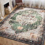 Area Rug 5x7 for Living Room Green Boho Non-Slip Washable Rug Vintage Low Pile Large Rug for Bedroom Dining Room