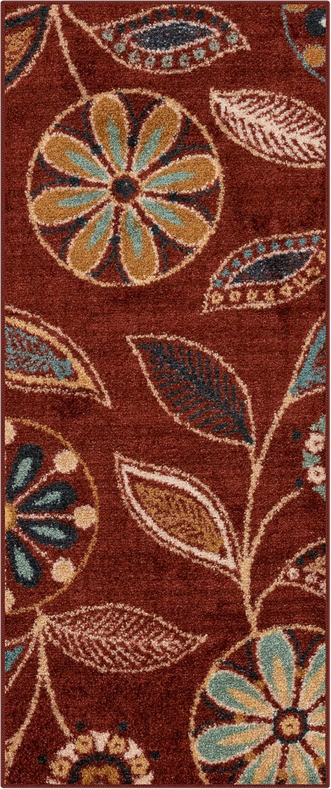Maples Rugs Reggie Floral Runner Rug - Made in USA - Washable, Non Slip Indoor Carpet for Kitchen, Hallway, and Laundry Room, 1'8 x 4', Merlot