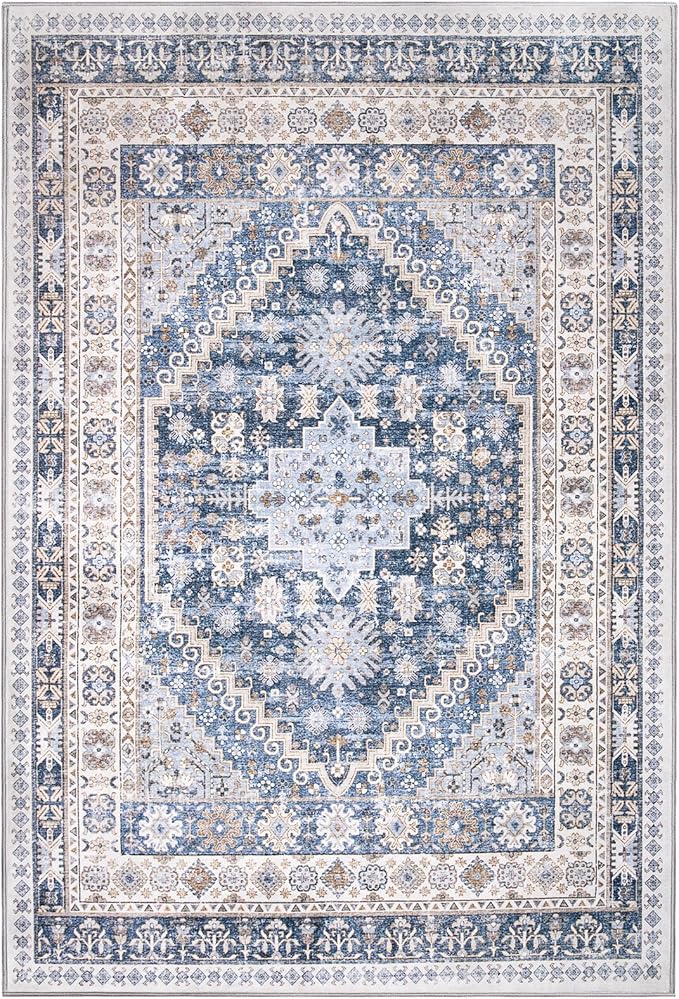 zesthome 7x9 Area Rug, Super Soft Washable Rugs for Living Room, Non-Slip Stain Resistant Vintage Rugs, Ultra-Thin Large Area Rugs (Blue/Beige,7'x9')