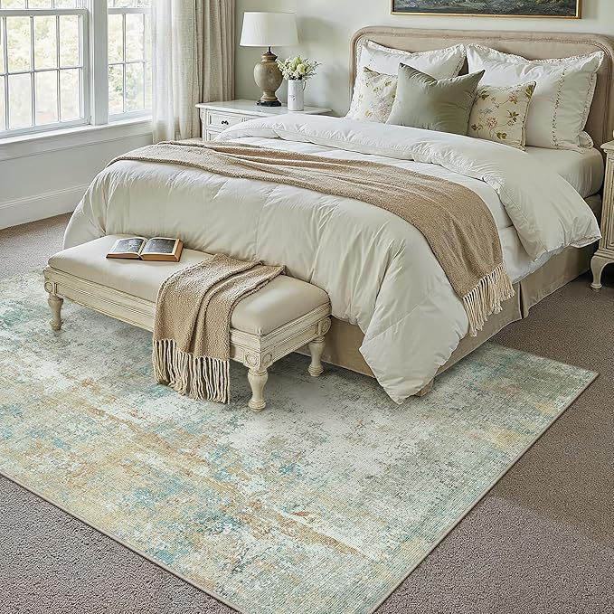 10x12 Area Rug Teal Beige Abstract Living Room Bedroom Washable Carpet Neutral Modern Non-Slip Soft Low Pile Lightweight Vacuumable Large Throw Rug for Dining Room