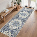 2'6''x8 Runner Rugs for Hallway, Machine Washable Non Slip Vintage Rugs, Low Pile Lightweight Soft Print Rug for enrtyway, Corridor, Home Office, Kitchen, Center Blue