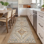 Bavni Kitchen Rug 2x5 Runner Rugs for Hallways Entryway, Washable Vintage Print Carpet, Ultra-Thin Chenille Low Pile Lightweight Rug with Non Slip Backing, Tan/Grey