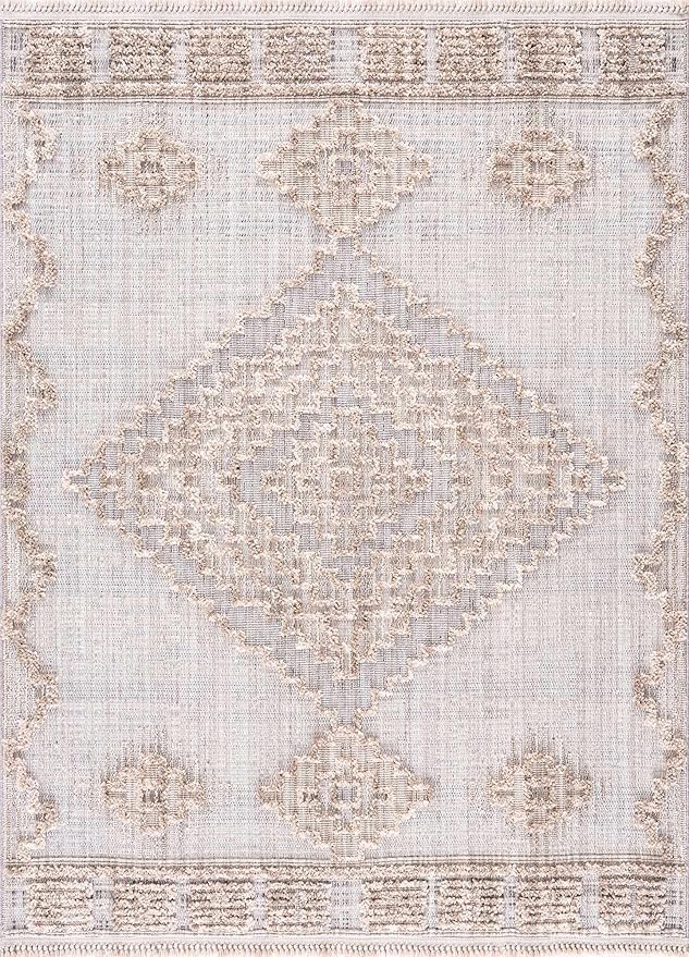 Hauteloom Ampusungan Modern Moroccan Medallion Farmhouse Living Room, Bedroom Area Rug - High Low - High Pile Carpet - Cream, Beige, Brown, Beige - 7'10" x 10'