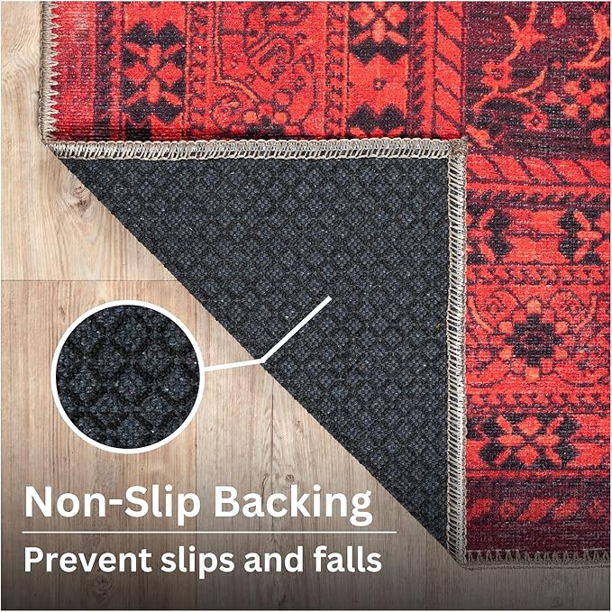 Bloom Rugs Washable Non-Slip 5' x 7' Rug - Red Traditional Bordered Area Rug for Living Room, Bedroom, Dining Room, and Kitchen - Exact Size: 5' x 7'