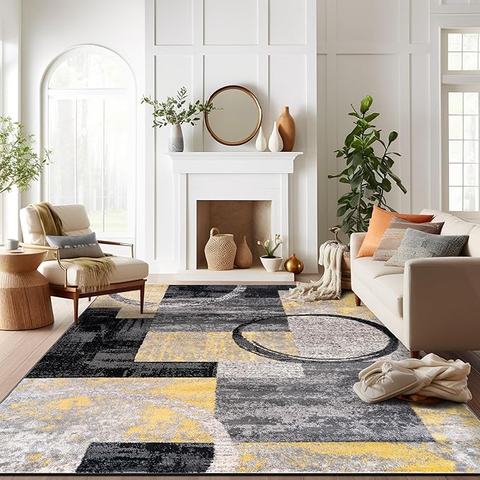 Rugshop Contemporary Circle Design Area Rug, Non-Shedding Carpet for Living Room, Bedroom, or Dining Room, Yellow, 10' x 14'