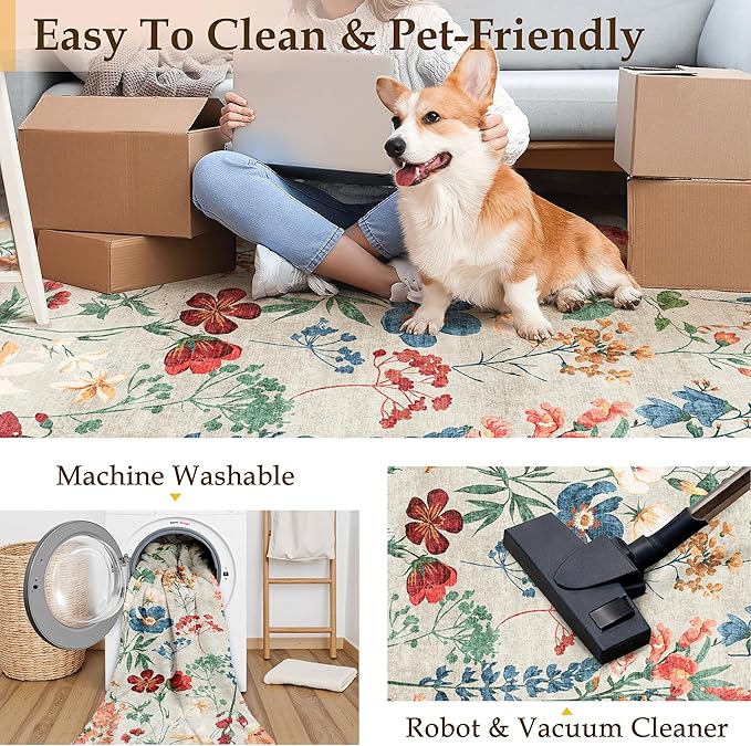 Floral Runner Rug 3x7 Washable Hallway Long Beige Bedroom Carpet Non Slip Indoor Boho Kitchen Low Pile Accent Rug Lightweight Soft for Bathroom Dining Laundry Living Room