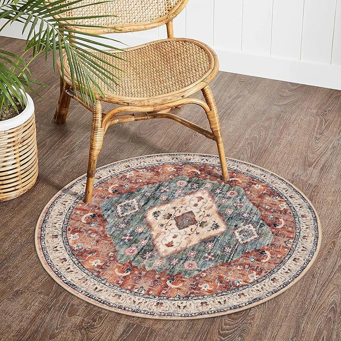 KOZYFLY Boho Round Rug 3 Ft Rugs for Entryway Washable Circle Rug Non Slip Doormat Rust/Orange/Blue Printed Faux Wool Vintage Round Entryway Rug Floor Carpet Round for Entrance, Bedroom