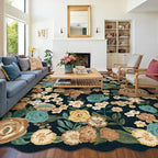 Washable Floral Area Rug 8x10 Black Living Room Large Carpet Bedroom Scalloped Flower Non Slip Soft Throw Rug Farmhouse Low Pile Thin Indoor Floor Cover for Dining Room Office