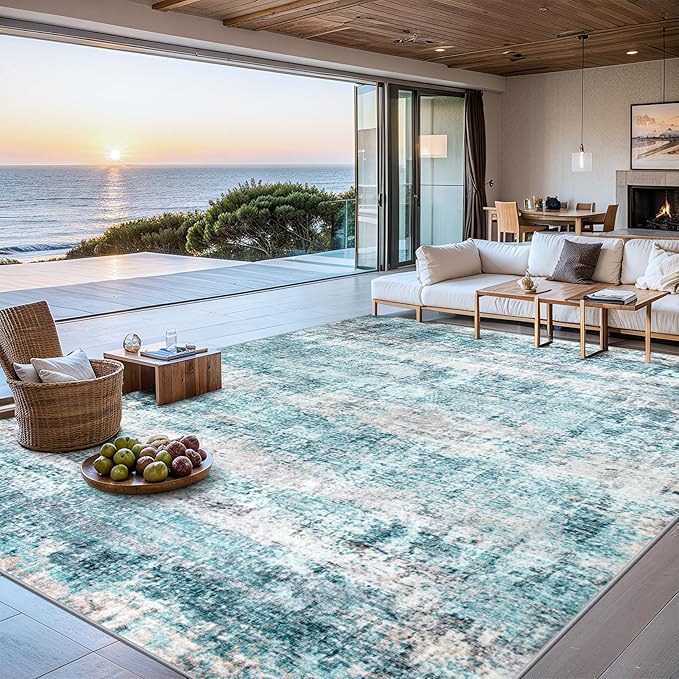 Area Rugs 10x12 Living Room - Washable Rug Modern Abstract Soft Large Neutral Non-Slip Carpet Indoor Floor Thin Carpets for Bedroom Dining Room Farmhouse Nursery Home Office Green