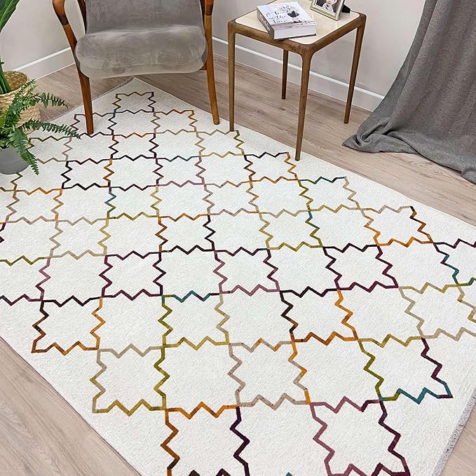 Alfa Rich 7x10 Moroccan White Washable Area Rugs for Living Room Bedroom Kitchen Decor Cotton Rug