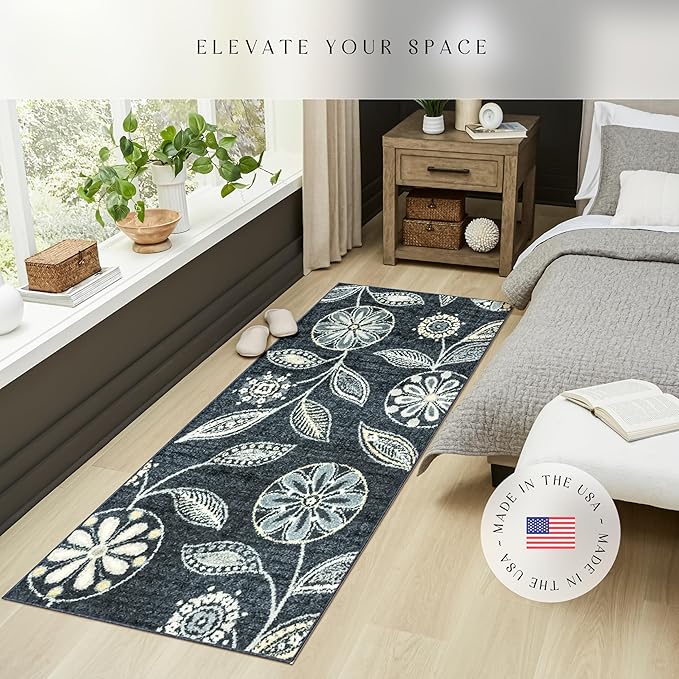 Maples Rugs Reggie Floral Runner Rug - Made in USA - Washable, Non Slip Indoor Carpet for Kitchen, Hallway, and Laundry Room, 2'6" x 8', Persian Blue