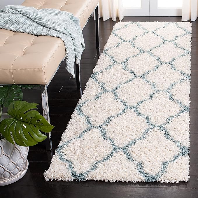 SAFAVIEH Dallas Shag Collection Runner Rug - 2'3" x 6', Ivory & Light Blue, Trellis Design, Non-Shedding & Easy Care, 1.5-inch Thick Ideal for High Traffic Areas in Living Room, Bedroom (SGD257J)