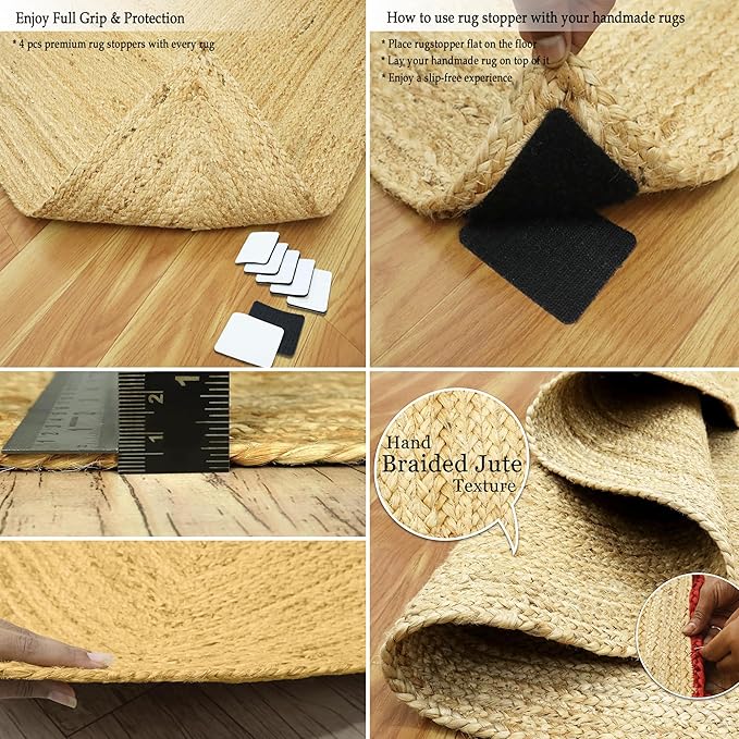 2.6x6 Flatweave Runner – Handmade Boho Oval Rug, Solid Red Beige, Hand Braided Jute, 0.27" Thick Kilim Flatweave for Entryway, Hallway, Indoor Outdoor Corridor