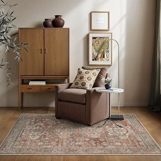Bavni 3x5 Area Rug for Living Room Bedroom, Washable Boho Print Vintage Aesthetic Rug, Ultra-Thin Low Pile Rugs for Entryway Playroom with Non Slip Backing, Brick