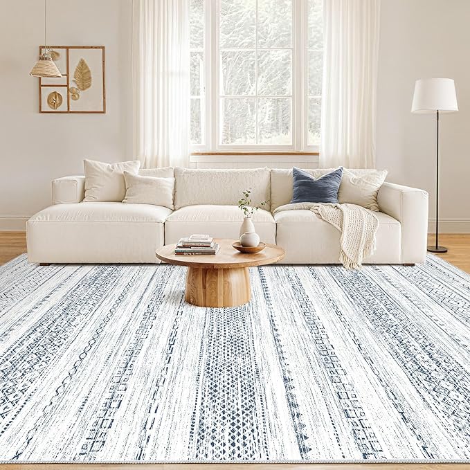 Nakagishi 6x9 Area Rugs Living Room: Washable Boho Large Neutral Soft Farmhouse Rug Stain Resistant Modern Indoor Floor Non-Slip Carpet for Bedroom Nursery Playroom Office Dining Room Dorm-White Blue