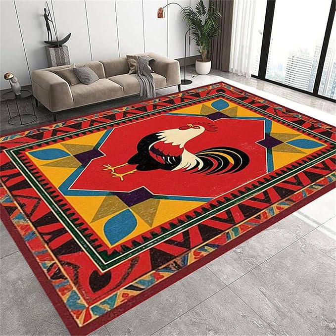 Country Rooster Rugs，4x6ft,Colorful Geometric Rooster Pattern Rug，Rooster Pattern Colorful Rug. Ethnic Vintage Design Non-Slip Washable Floor Mat for Living Room Bedroom Farmhouse Home Office