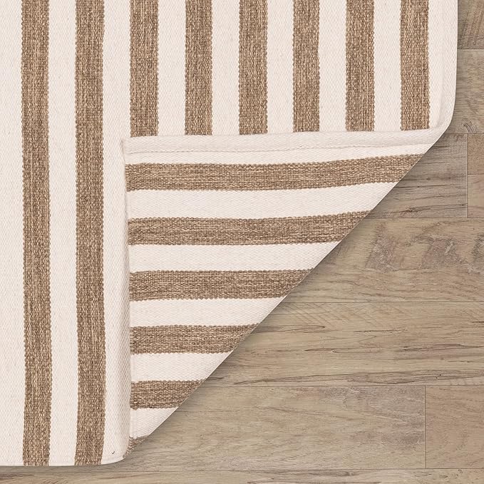 Home Conservatory Ladder Stripe Natural/Ivory Handwoven Wool 8 X 10 Feet, Ivory/Multicolored Stripe Pattern