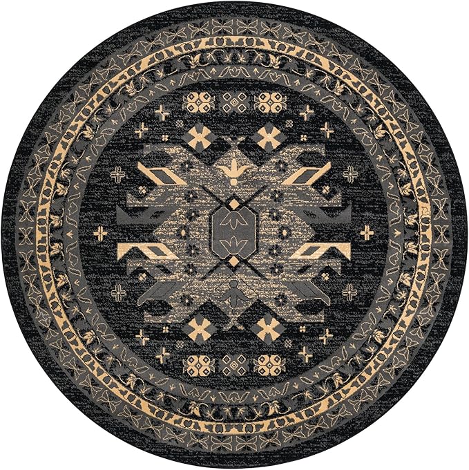 Unique Loom Taftan Collection Border Geometric Tribal Inspired Design Area Rug (8' 0 x 8' 0 Round, Black/ Gray)