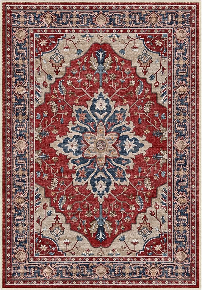 Area Rugs 3'x5' Washable Non-Slip, Floral Vintage Distress Print Pattern Medallion Carpet for Living Room Bedroom Dining Room, Red Blue