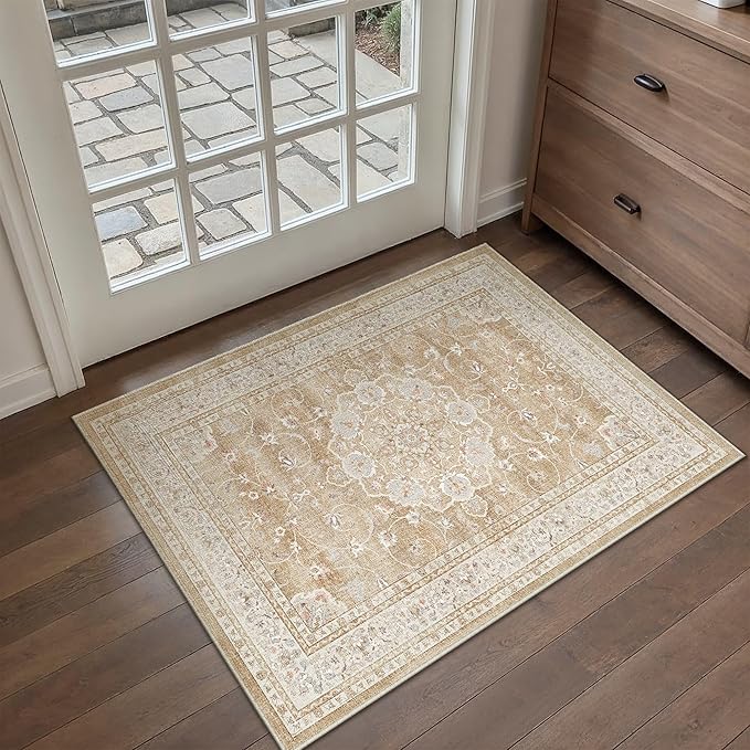 HUGEAR Entryway Machine Washable Area Rugs 2x3 Vintage Beige Brown Small Neutral Style Non Slip Stain Resistant Low Pile Throw Carpet for Hallway Kitchen Retro Aesthetic Modern Decor