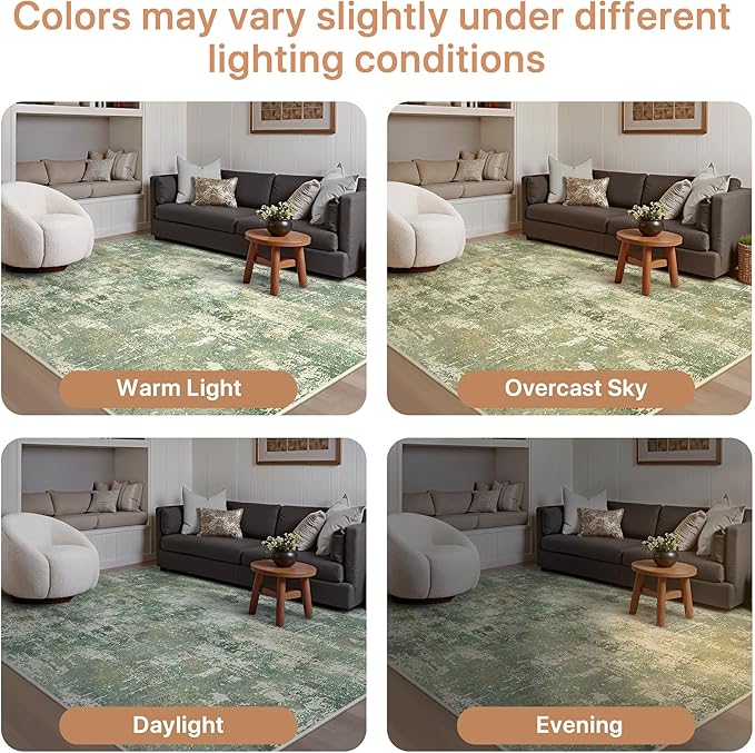 GENIMO 8x10 Area Rugs for Living Room, Machine Washable Rug Non Slip, Low Pile Ultra-Thin Lightweight Large Carpet, Abstract Modern Rugs for Bedroom, Dining Room, Office, Nursery, Olive Green