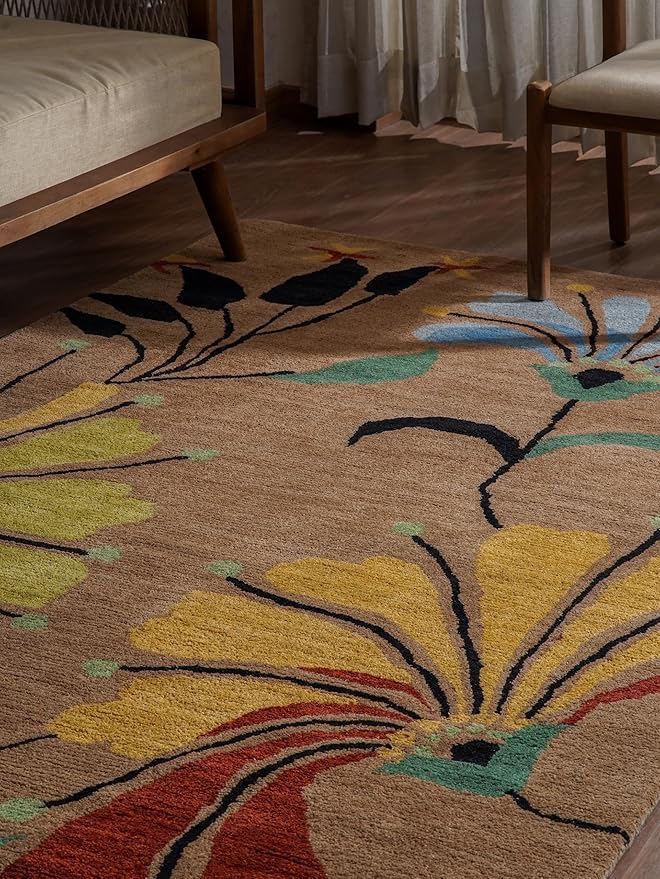Rugsotic Carpets Hand Tufted Wool ECO-Friendly Area Rugs - 4'x6', Rectangle Shape, Camel, Floral Modern Design, High Pile Thick Handmade Anti Skid Area Rugs for Living Room, Bed Room (K00219)