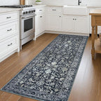 KILOCOCO Hallway Runner 3x8 Rug Runner Printed Vintage Floral Washable Kitchen Runners Non-slip Rubber Backed Runners for Hallways Laundry Room Distressed Boho Rugs for Entryway Bedroom, Navy/Charcoal