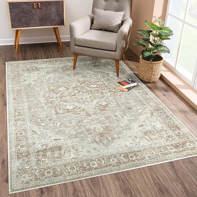 Bloom Rugs Washable Non-Slip 4' x 6' Rug - Beige/Gray Traditional Area Rug for Living Room, Bedroom, Dining Room, and Kitchen - Exact Size: 4' x 6'