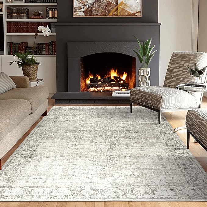 ReaLife Rugs Machine Washable Area Rug - Living Room Bedroom Bathroom Kitchen Entryway Office - Padded Low Pile Stain Resistant Premium - Boho Farmhouse Vintage - Lyle - Beige Ivory 5' x 7'