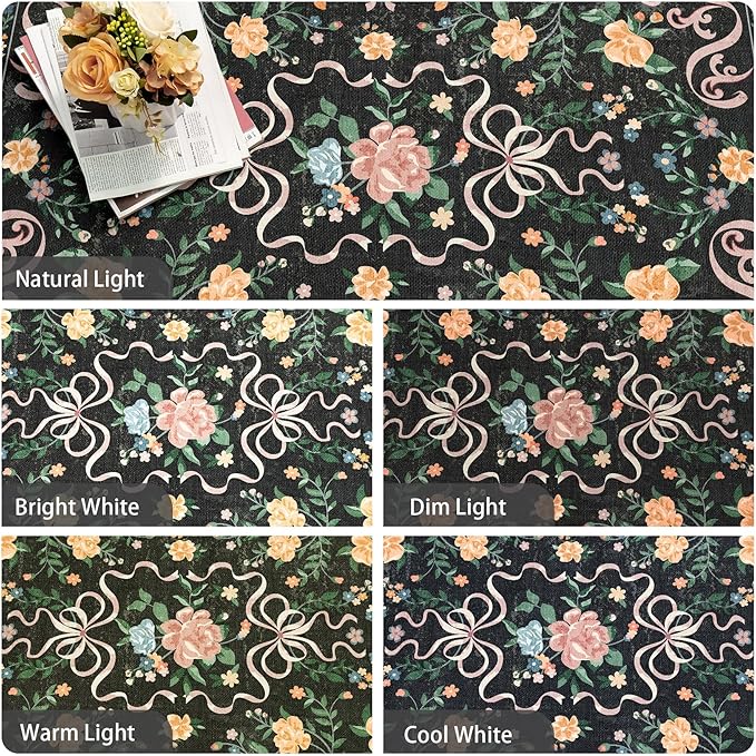 Black Rug Bow Floral Rug 3x5, Washable Boho Area Rugs Non Slip Low Pile Carpet for Girls Room Bedroom, Bedside, Kitchen, Entryway, Kids Room, Soft Ultra-Thin Indoor Elegant Rugs