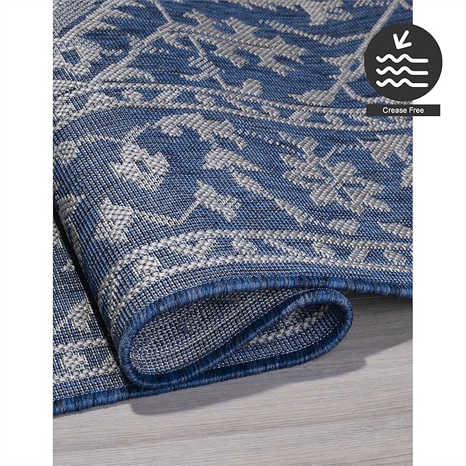 FH Home Flat Woven Outdoor Rug - Waterproof, Easy to Clean, Stain Resistant - Premium Polypropylene Yarn - Vintage - Large Patio, Deck, Sunroom - Amol - Blue - 7ft 10 in x 10ft 9in