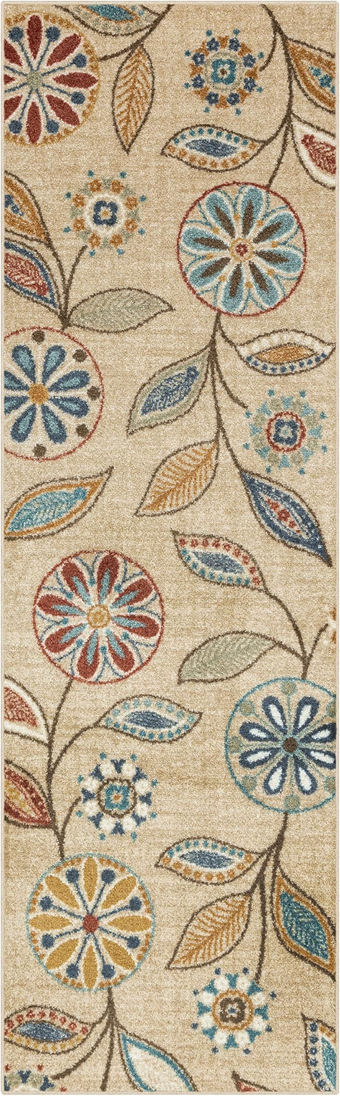 Maples Rugs Reggie Floral Runner Rug - Made in USA - Washable, Non Slip Indoor Carpet for Kitchen, Hallway, and Laundry Room, 2'6" x 8', Beige