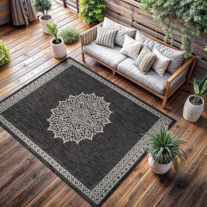 CAMILSON Outdoor Rug 6x9 Medallion Darkgray Modern Area Rugs for Indoor and Outdoor Patios Kitchen and Hallway Mats Washable Porch Deck Outside Carpet (Medallion Darkgray 6 x 9)