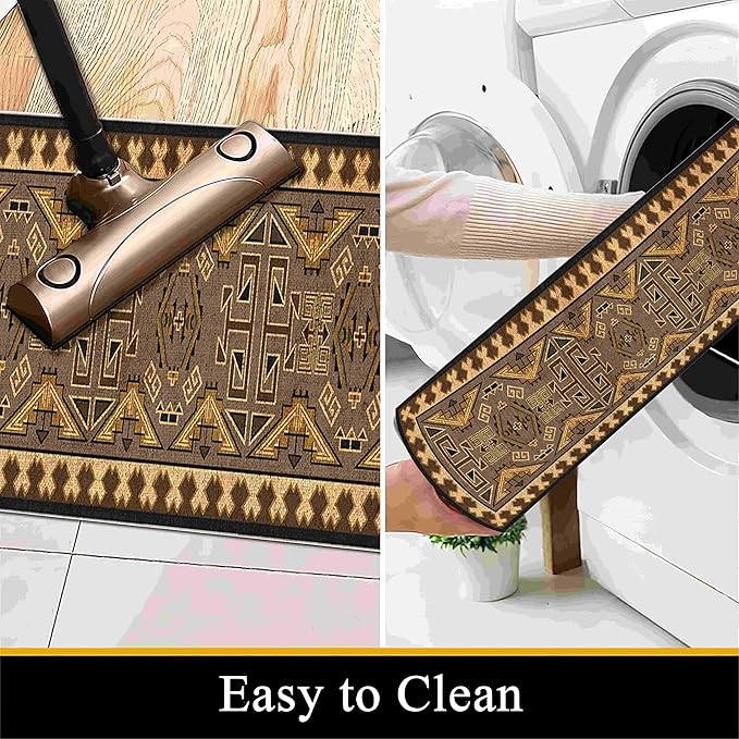 Brown Geometric Runner Rug, 2x10ft Hallway Runner Washable Rug, Corridor & Foyer High-Traffic Rugs, Indoor Durable Non-Slip Mat, Vintage Southwestern Decorative Home Carpet
