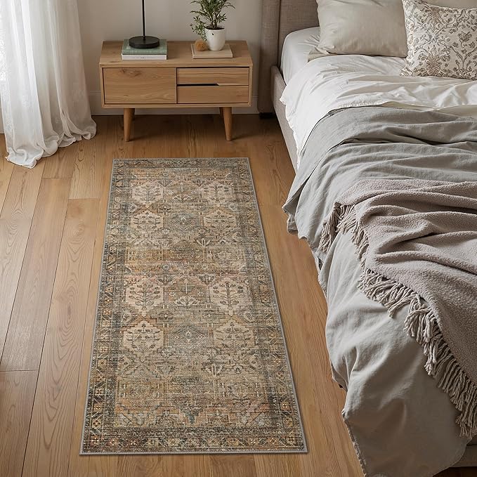 Bavni Runner Rug 2x10 Kitchen Rugs for Hallways Entryway, Washable Vintage Print Carpet, Ultra-Thin Chenille Low Pile Lightweight Rug with Non Slip Backing, Warm Taupe