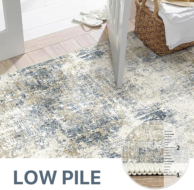 Bavni 8x10 Area Rugs Machine Washable Rug for Living Room, Modern Printed Rug Indoor Soft Area Rug for Bedroom Dining Room, Ultra-Thin Low Pile Carpet with Non Slip Rubber Backing, Gray Beige Blue