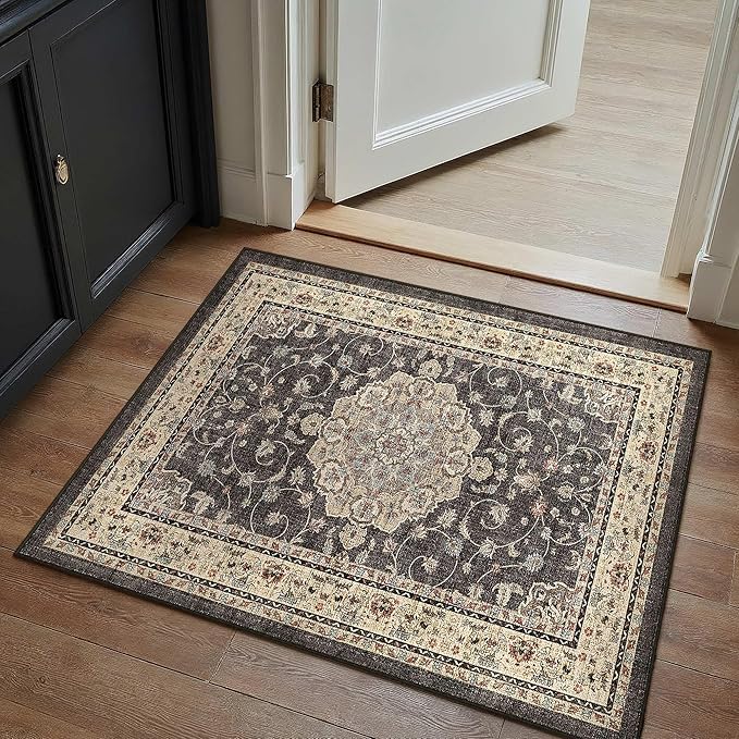 HUGEAR Entryway Machine Washable Area Rugs 2x3 Vintage Black Small Neutral Style Non Slip Stain Resistant Low Pile Throw Carpet for Hallway Kitchen Retro Aesthetic Modern Decor