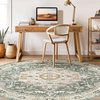 Round Rug Living Room Rugs: 5x5 Washable Boho Neutral Large Circle Soft Indoor Distressed Stain Resistant Floor Farmhouse Carpet for Bedroom Nursery Kids Playroom Office Dining Room Dorm- Green