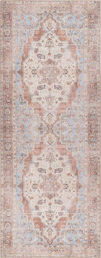 GLN Rugs Traditional Collection - Machine Washable Area Rug, Traditional Washable, Non Slip, Low Pile Chenille Rug, Living Room, Bedroom, Kitchen Rug (2'6" x 7' Brown/Blue)