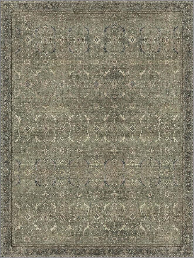 9x12 Area Rug Machine Washable Boho Rug for Living Room,Ultra-Thin Low Pile Carpet,Lightweight Indoor Printed Rug,Non Slip Floral Area Rug for Bedroom, Dining Room, Home Office,Muted Green