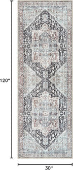 Bloom Rugs Washable Non-Slip 10 ft Runner - Charcoal/Brown Traditional Medallion Runner for Entryway, Hallway, Bathroom, and Kitchen - Exact Size: 2.5' x 10'