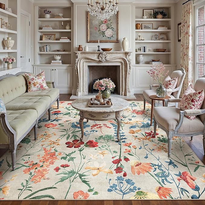 Beige Area Rug 8x10 Floral Washable Living Room Kitchen Boho Carpet Non Slip Low Pile Indoor Accent Lightweight Soft Throw Rug for Bedroom Office Dining Room Nursery Farmhouse