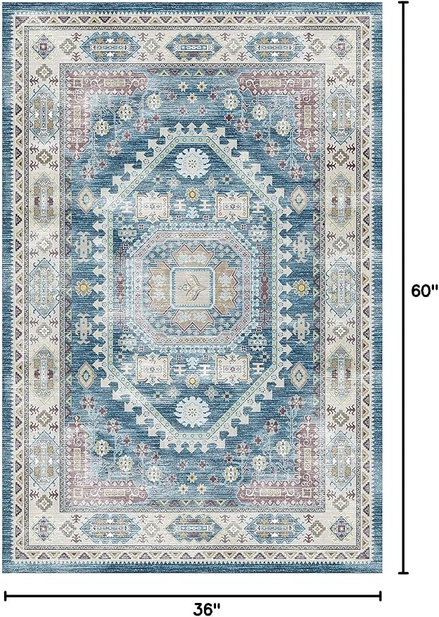 vivorug 3x5 Rug, Small Area Rug for Living Room, Bedroom, Kitchen, Machine Washable Non-Slip Throw Rug, Vintage Distressed Medallion Carpet for Entryway Nursery Dinner Room - Durable (Blue)