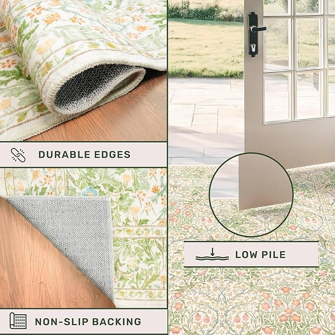 Washable 8x10 Rugs for Living Room, Light Green Oriental Rugs for Bedroom Dining Room Under Kitchen Table, Stain Resistant Non-Slip Pastel Large Washable (8x10 Beige Green)