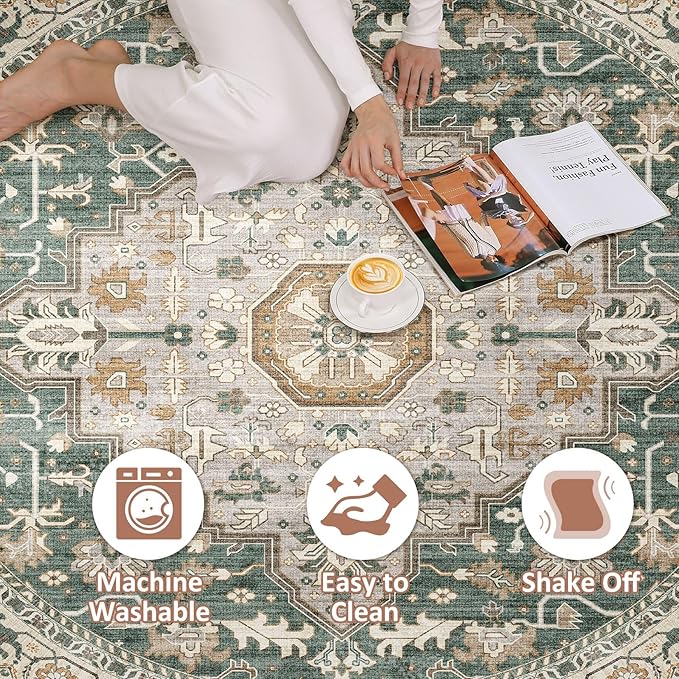 Round Rug Living Room Rugs: 5x5 Washable Boho Neutral Large Circle Soft Indoor Distressed Stain Resistant Floor Farmhouse Carpet for Bedroom Nursery Kids Playroom Office Dining Room Dorm- Green